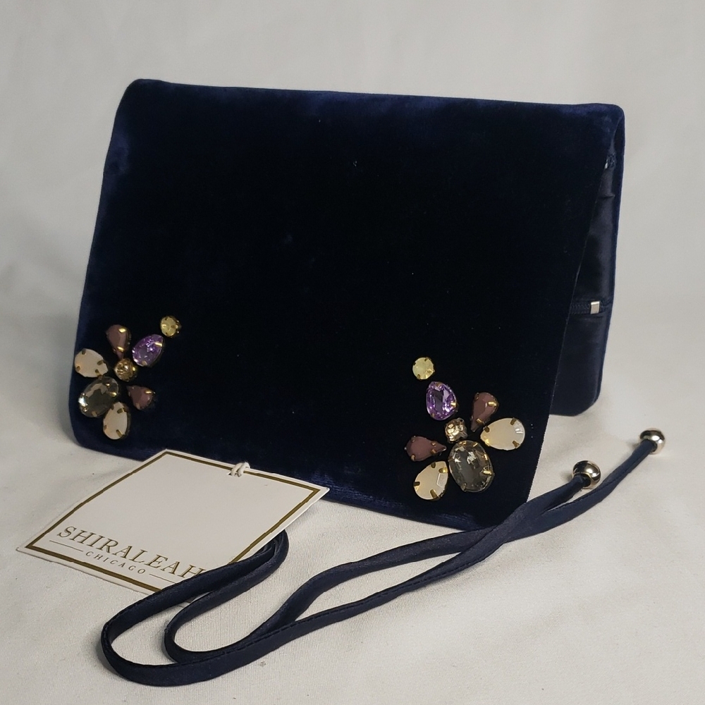Shiraleah "Mona" Midnight Blue Velvet Jewelry Pouch with Gem Embellishments